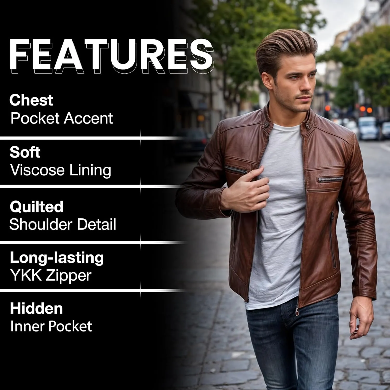 Cafe Racer Leather Jacket Men - Biker Style Moto Racer Mens Leather Motorcycle Jacket