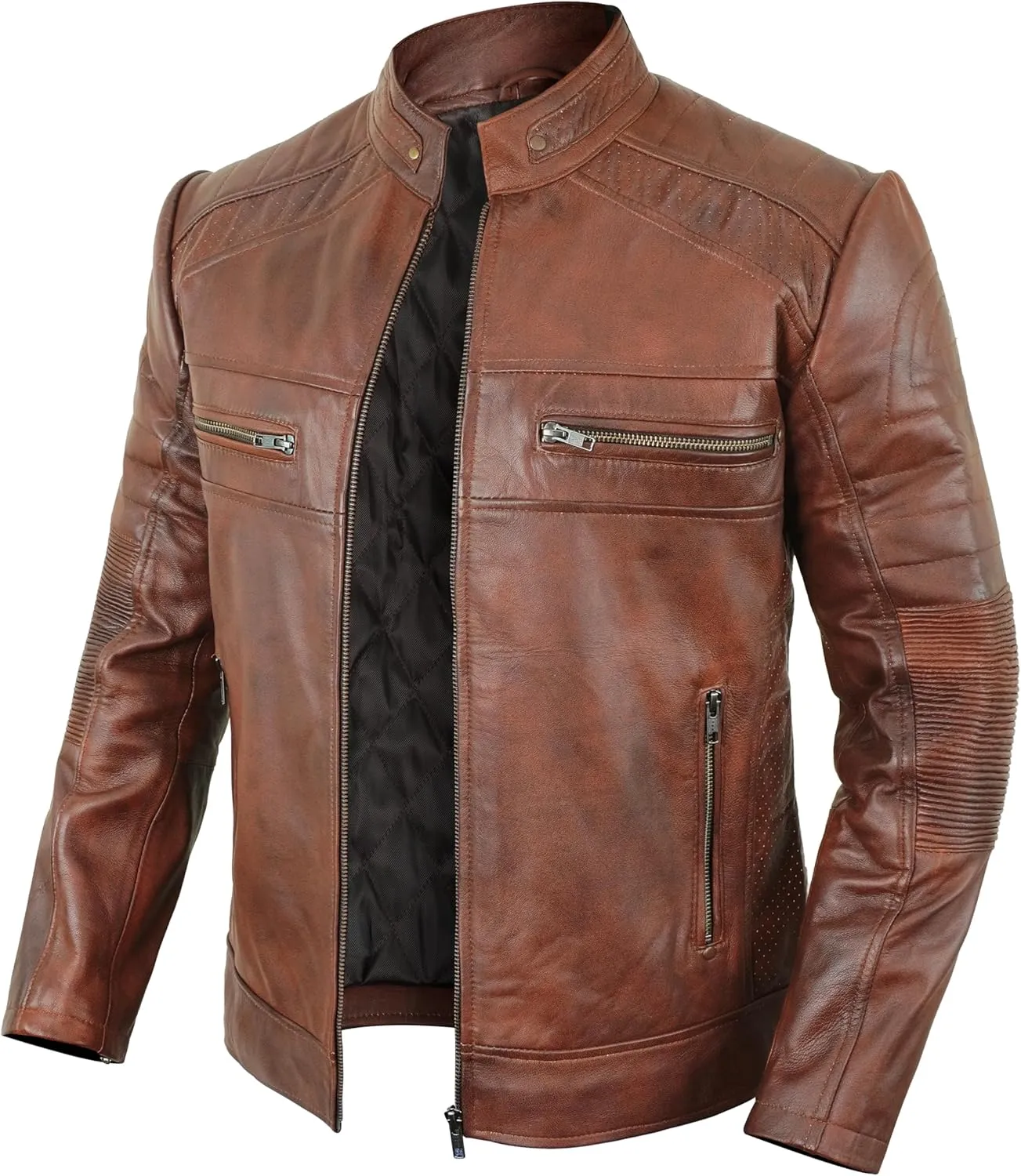 Cafe Racer Leather Jacket Men - Biker Style Moto Racer Mens Leather Motorcycle Jacket