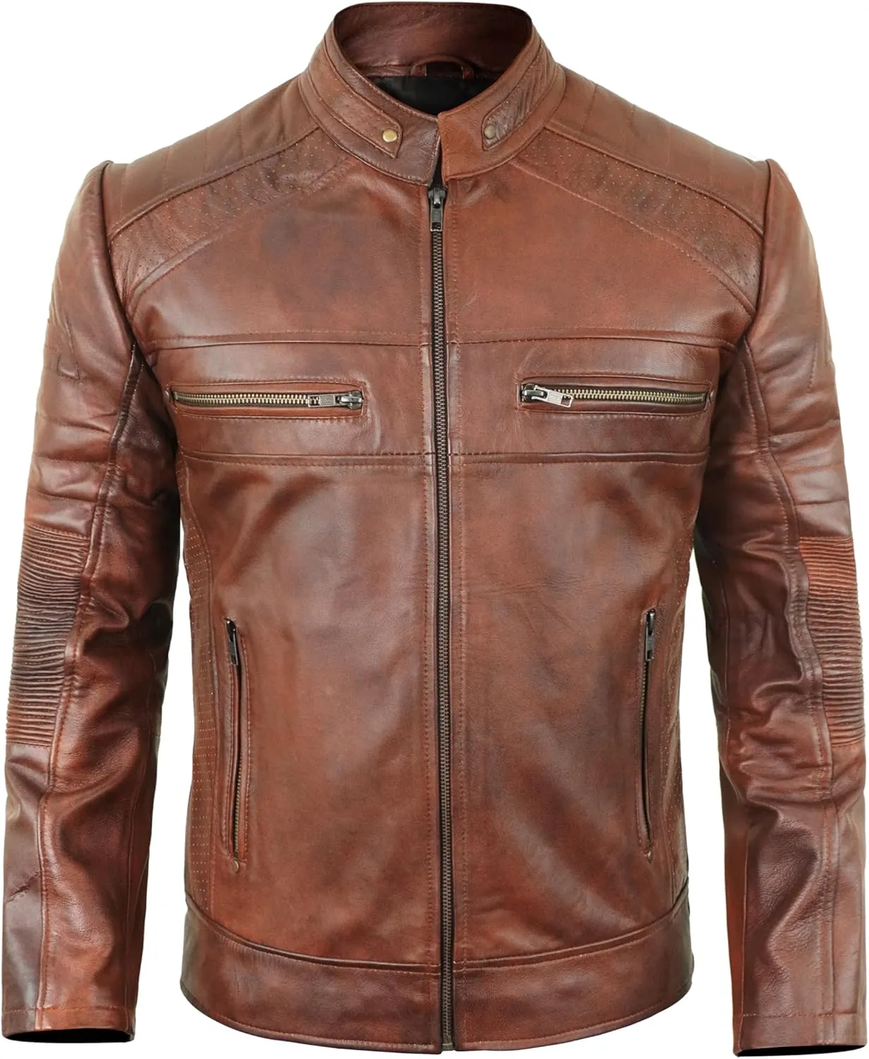 Cafe Racer Leather Jacket Men - Biker Style Moto Racer Mens Leather Motorcycle Jacket