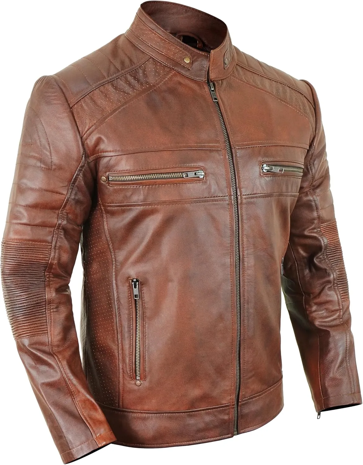 Cafe Racer Leather Jacket Men - Biker Style Moto Racer Mens Leather Motorcycle Jacket