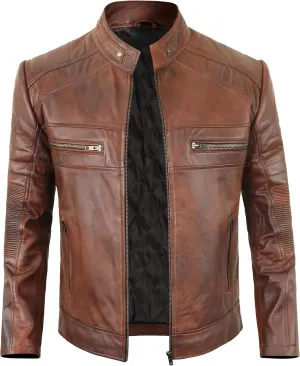 Cafe Racer Leather Jacket Men - Biker Style Moto Racer Mens Leather Motorcycle Jacket