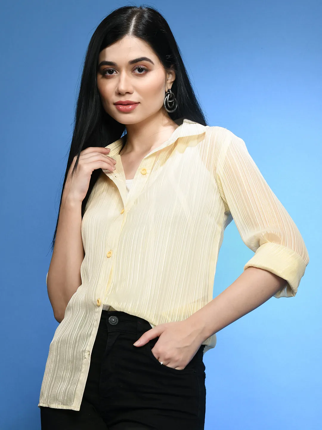Classic Vertical Stripes Semi Sheer Striped Casual Shirt