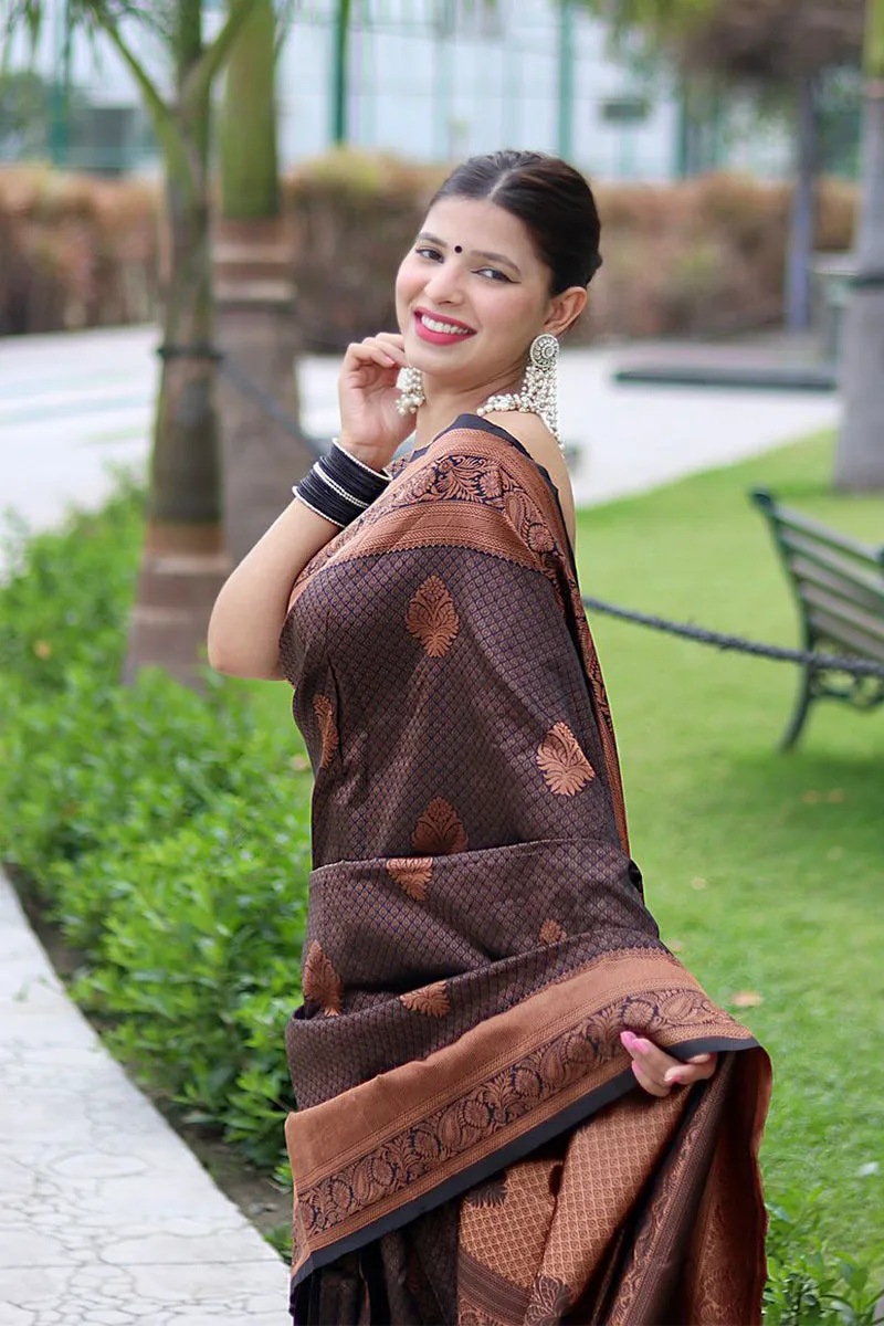 Fantabulous Black Soft Banarasi Silk Saree With Energetic Blouse Piece