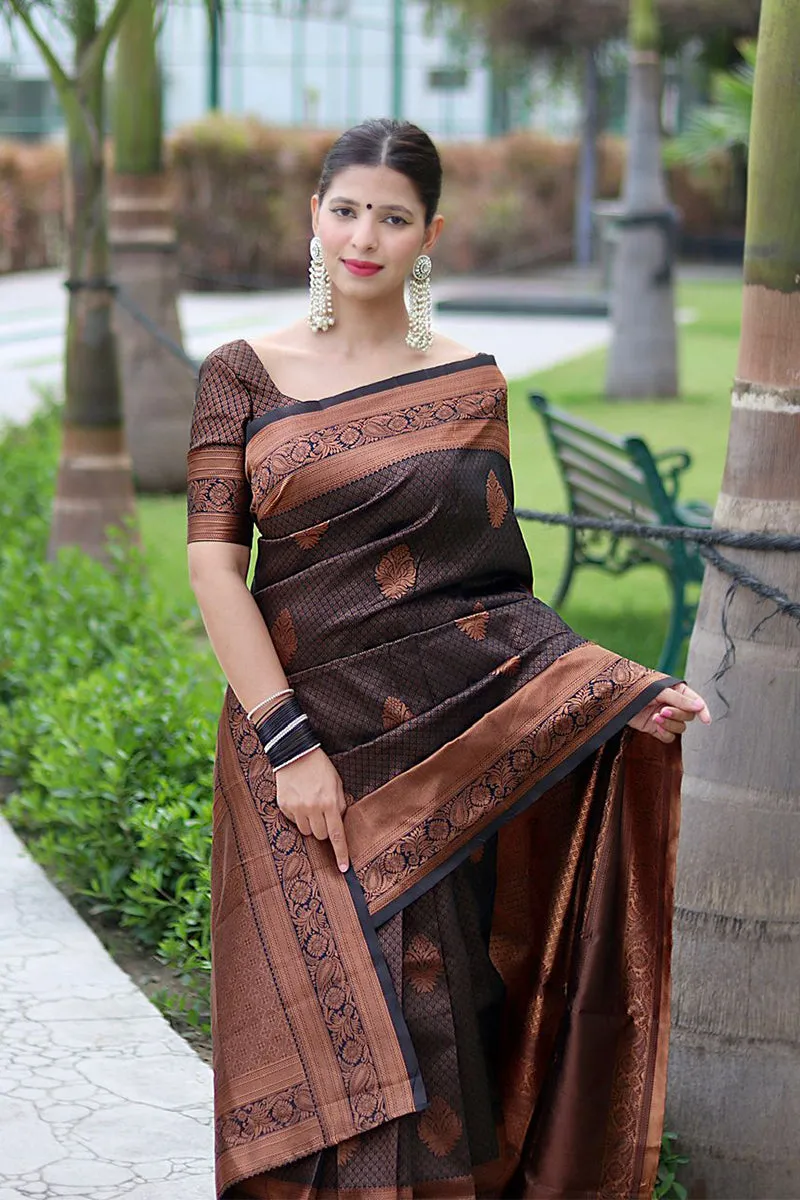 Fantabulous Black Soft Banarasi Silk Saree With Energetic Blouse Piece