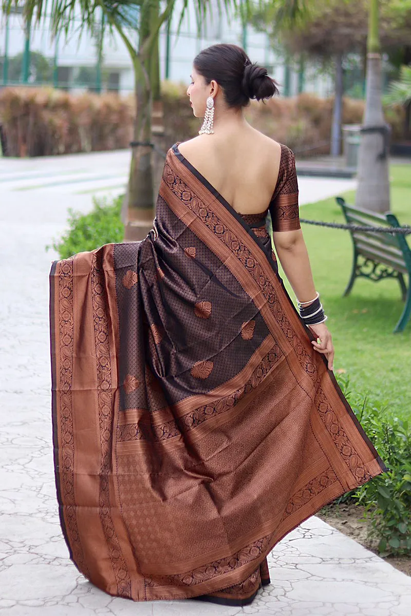 Fantabulous Black Soft Banarasi Silk Saree With Energetic Blouse Piece