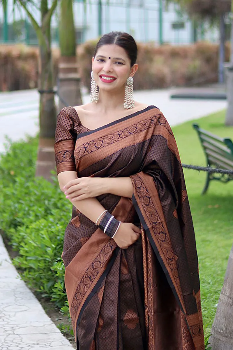 Fantabulous Black Soft Banarasi Silk Saree With Energetic Blouse Piece