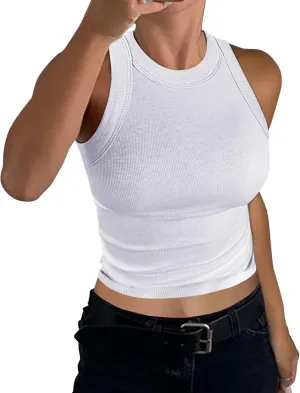 GEMBERA Womens Sleeveless High Neck Racerback Ribbed Knit Fitted Basic Cotton Cropped Tank Top