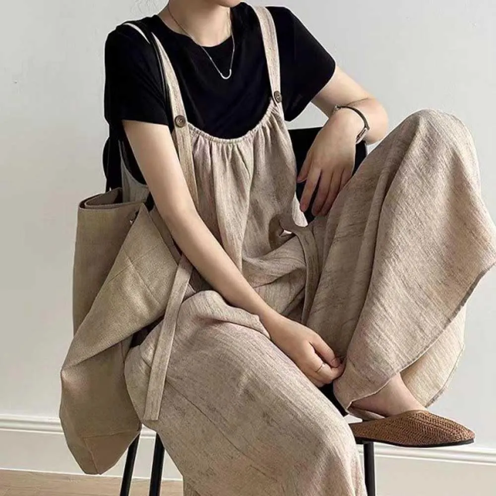Japanese style lazy overalls for women, loose and casual, wide leg jumpsuit pants