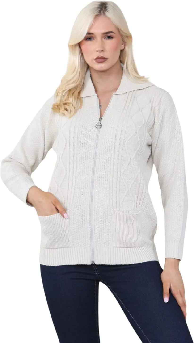 Ladies Long Sleeve Zipper Collared Knitted Cable Womens Jumper Knitted Sweater Pull Over Jumper Top Knit Warm