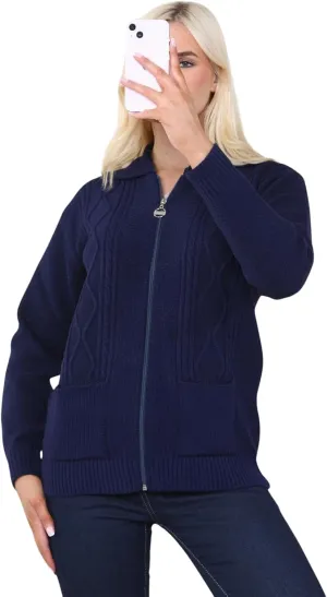 Ladies Long Sleeve Zipper Collared Knitted Cable Womens Jumper Knitted Sweater Pull Over Jumper Top Knit Warm