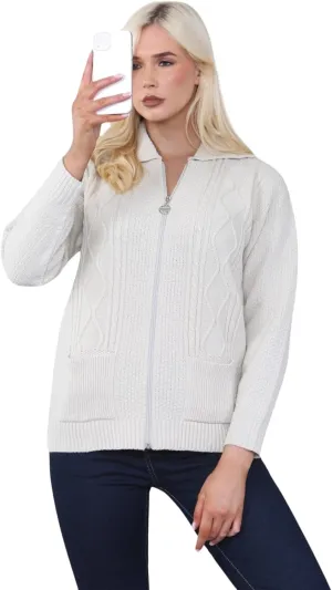 Ladies Long Sleeve Zipper Collared Knitted Cable Womens Jumper Knitted Sweater Pull Over Jumper Top Knit Warm