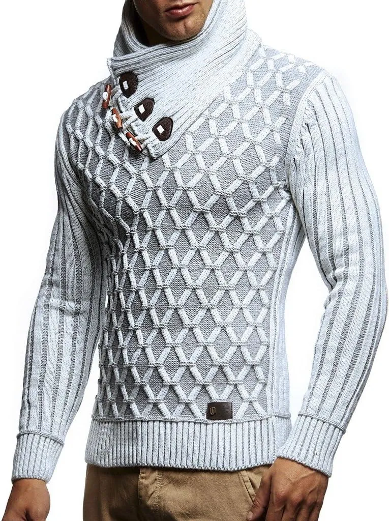 Leif Nelson Men’s Knitted Pullover | Long-sleeved with geometric pattern | Winter pullover with shawl collar for Men
