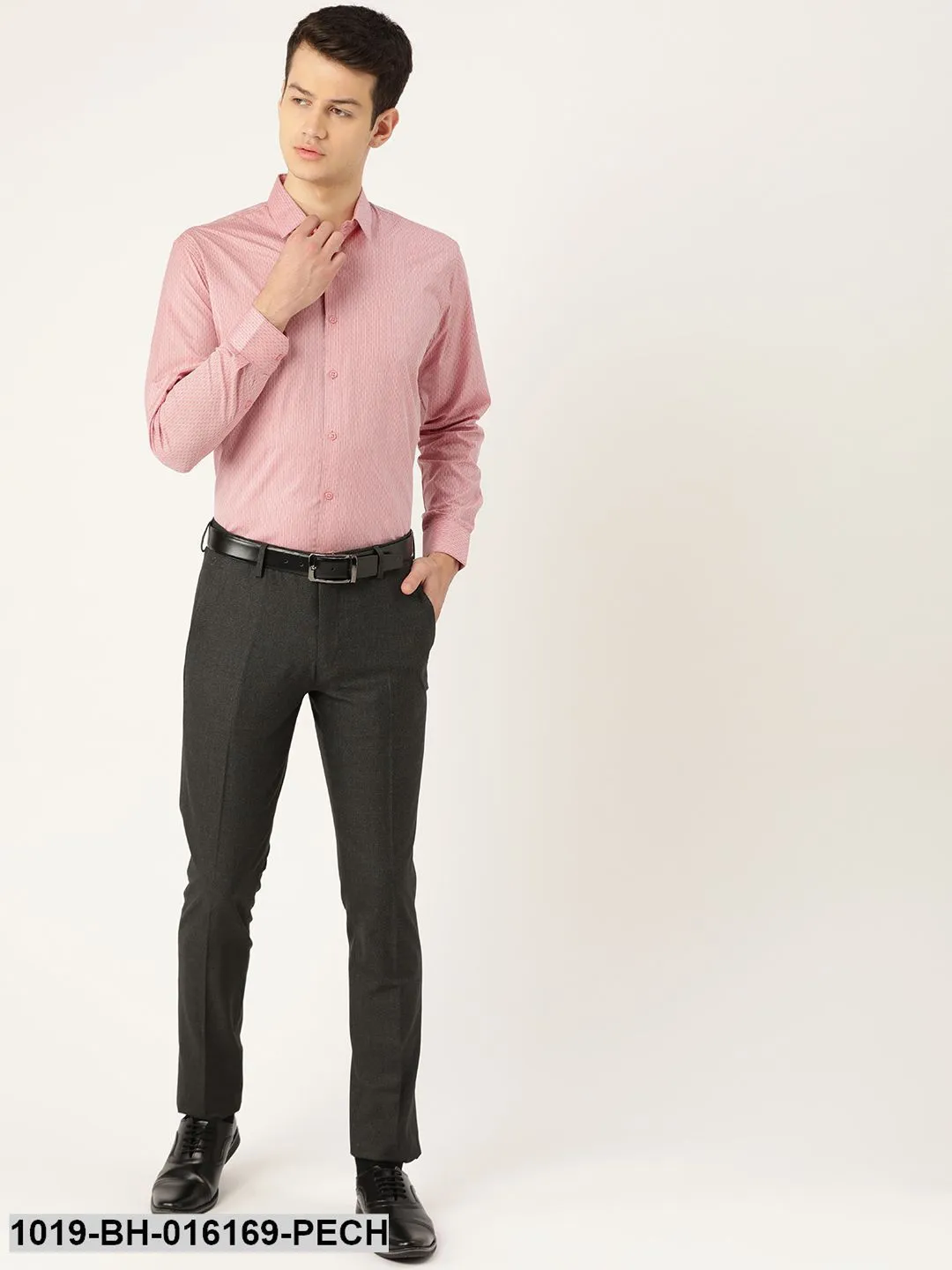 Men's Cotton Peach & Navy Blue Striped Formal Shirt - Sojanya