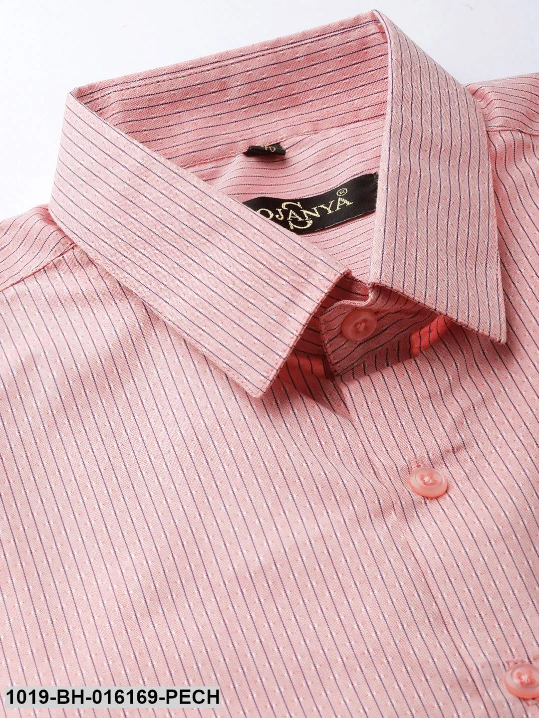 Men's Cotton Peach & Navy Blue Striped Formal Shirt - Sojanya