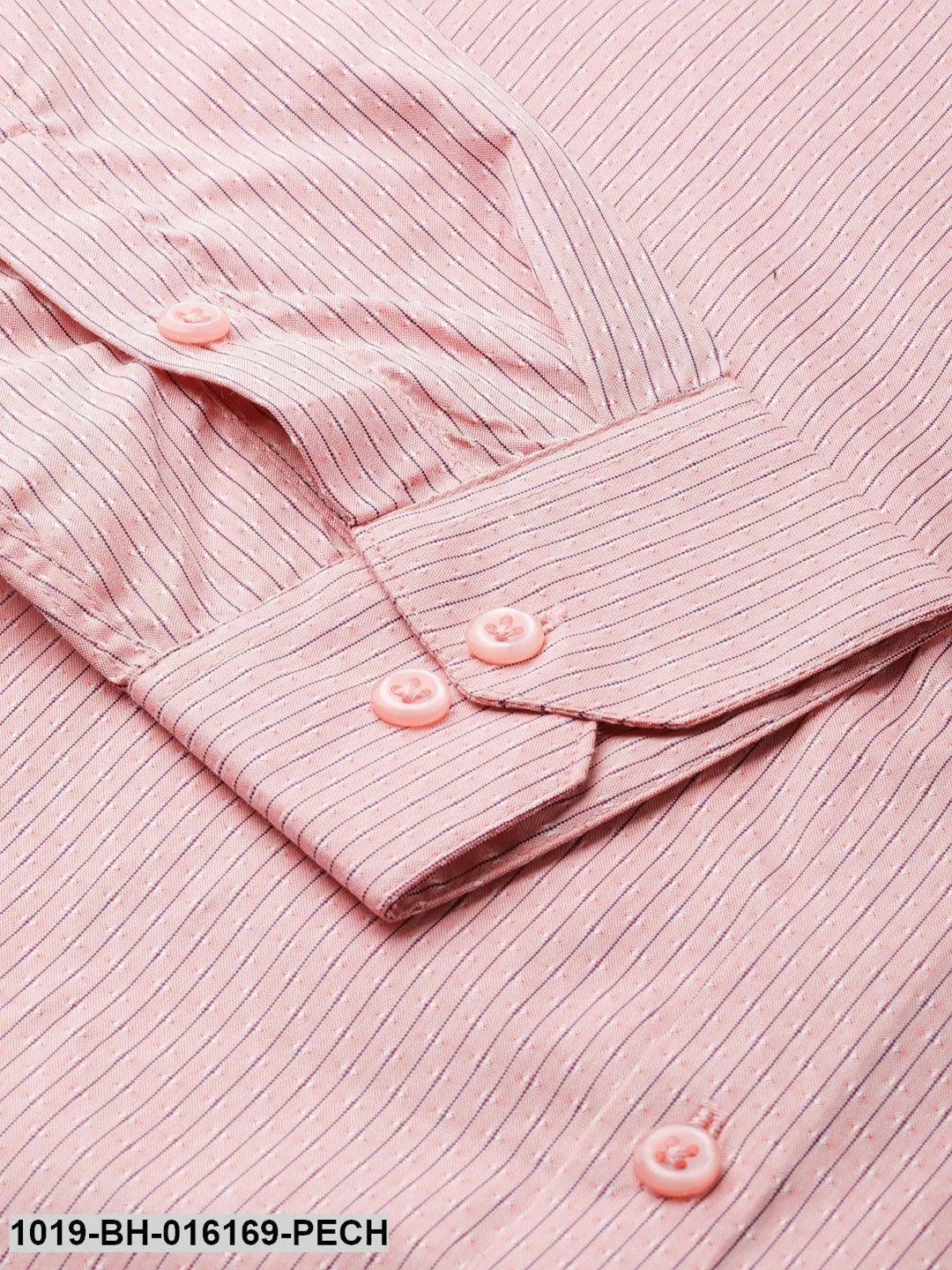 Men's Cotton Peach & Navy Blue Striped Formal Shirt - Sojanya