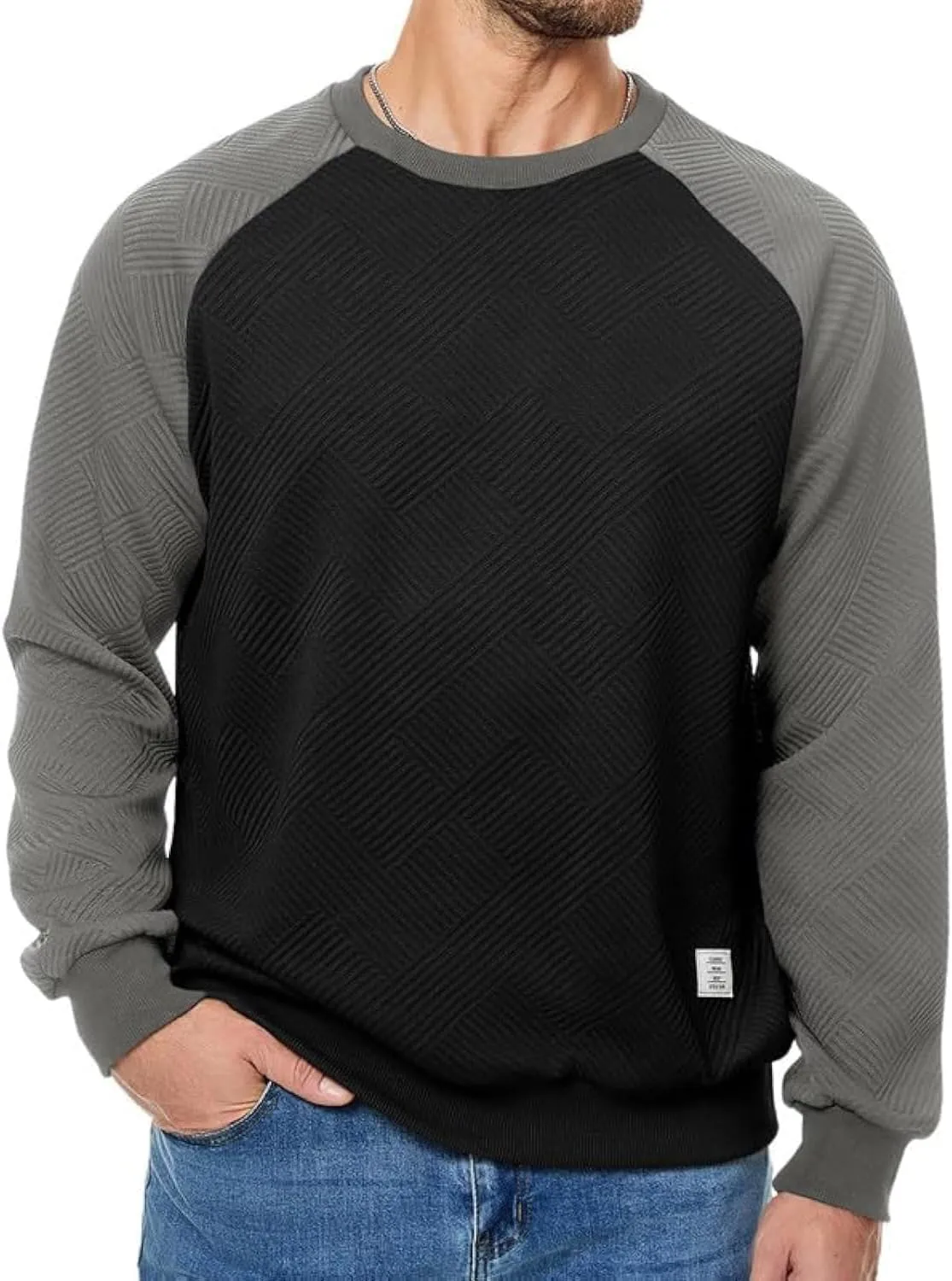 Men's Fall Crewneck Sweatshirts Patchwork Long Sleeve Geometric Texture Casual Pullover Shirt