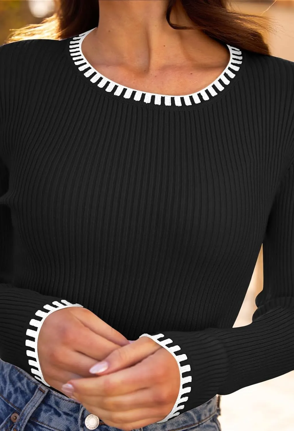 MEROKEETY Women's 2024 Long Sleeve Ribbed Color Block Sweater Crewneck Slim Fitted Basic Knit T Shirt Tops