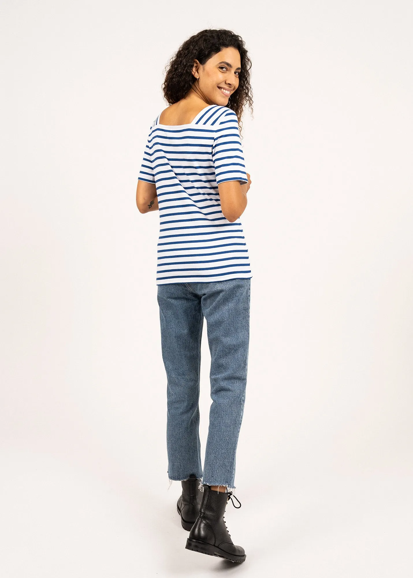Pléneuf square neck striped sailor shirt - short sleeves, in light cotton (NEIGE/GITANE)