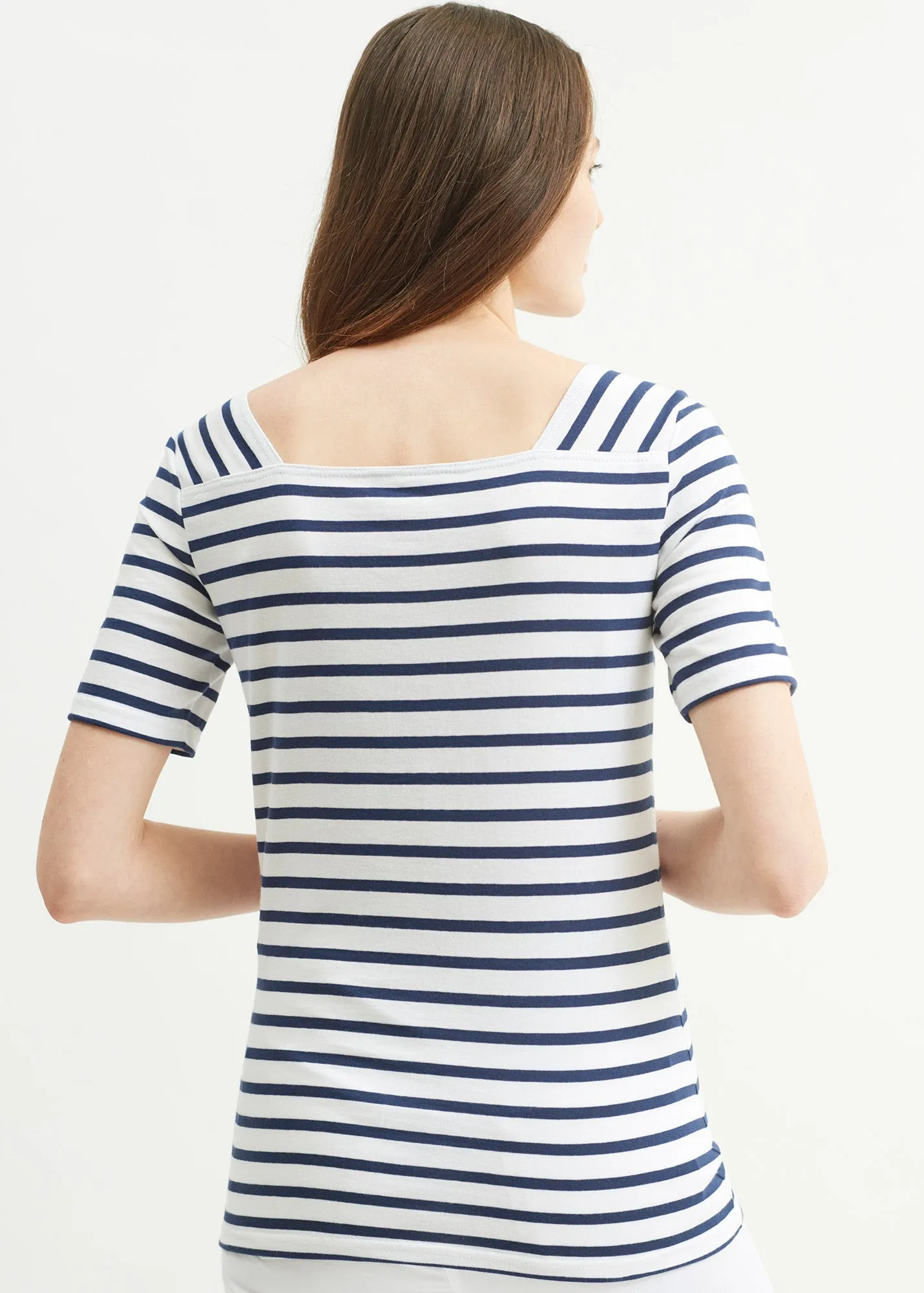 Pléneuf square neck striped sailor shirt - short sleeves, in light cotton (NEIGE/MARINE)