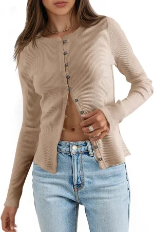 Saodimallsu Womens Lightweight Fitted Sweaters Crew Neck Long Sleeve Button Down Ribbed Knit Cardigan