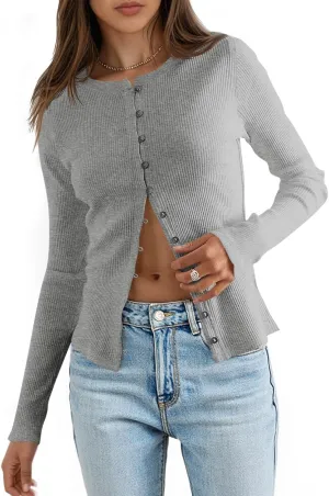 Saodimallsu Womens Lightweight Fitted Sweaters Crew Neck Long Sleeve Button Down Ribbed Knit Cardigan
