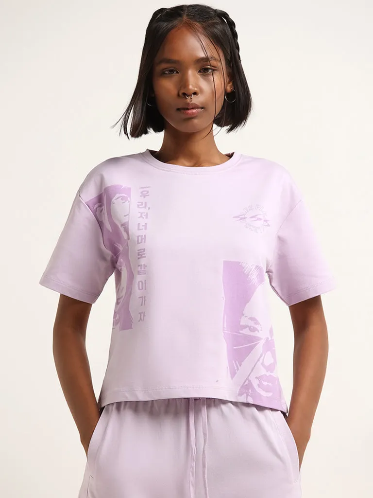 Studiofit Lilac Relaxed Fit Contrast Print T-Shirt