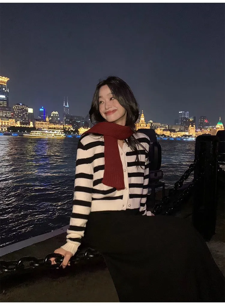 Sue Contrast Color Striped Knit Cardigan