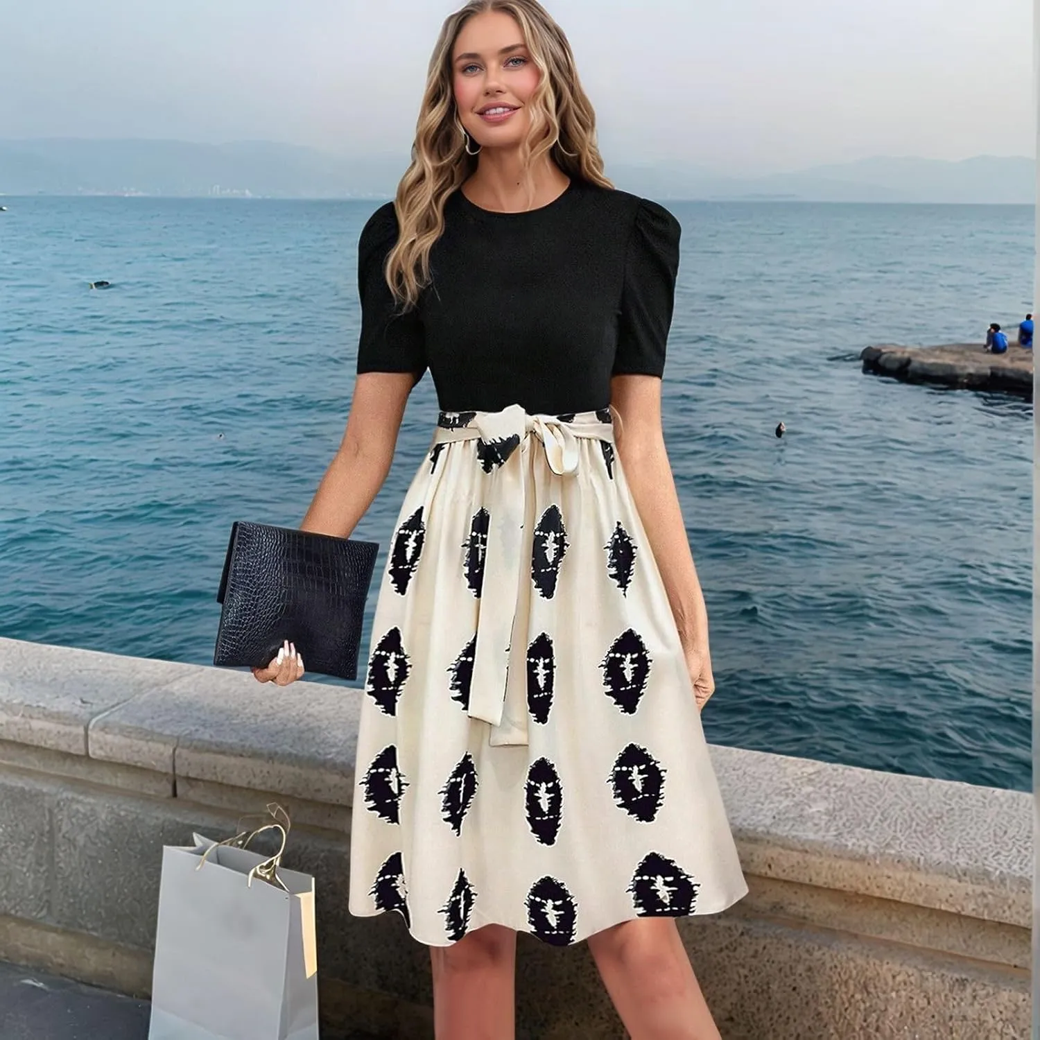 Summer Dresses for Women 2025 Floral Print Wrap Short Sleeve Midi Dress Patchwork Ruffle Hem A Line Dress