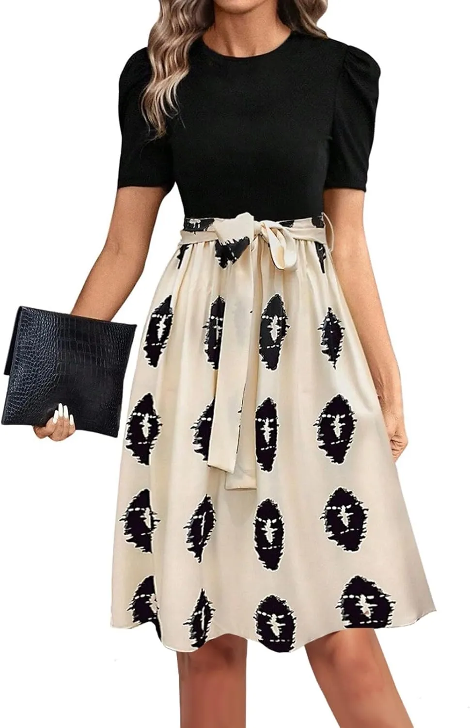 Summer Dresses for Women 2025 Floral Print Wrap Short Sleeve Midi Dress Patchwork Ruffle Hem A Line Dress