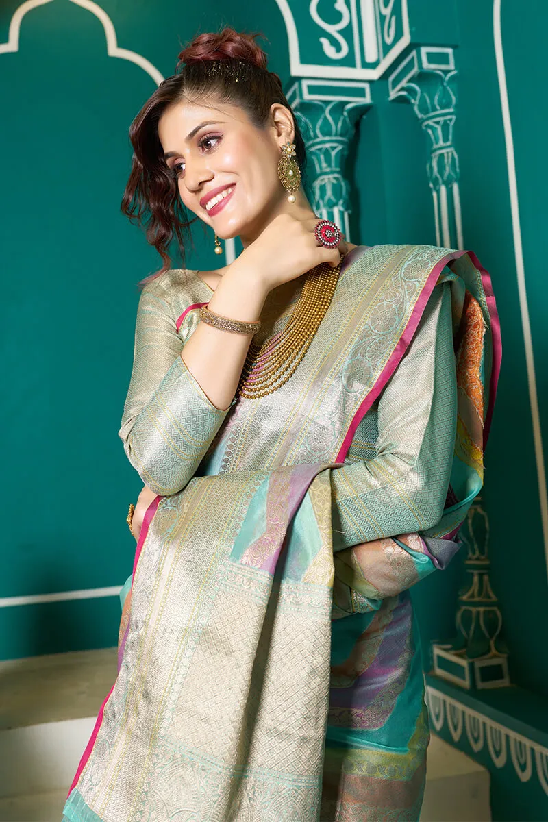Tempting Sky Organza Silk Saree With Stunner Blouse Piece
