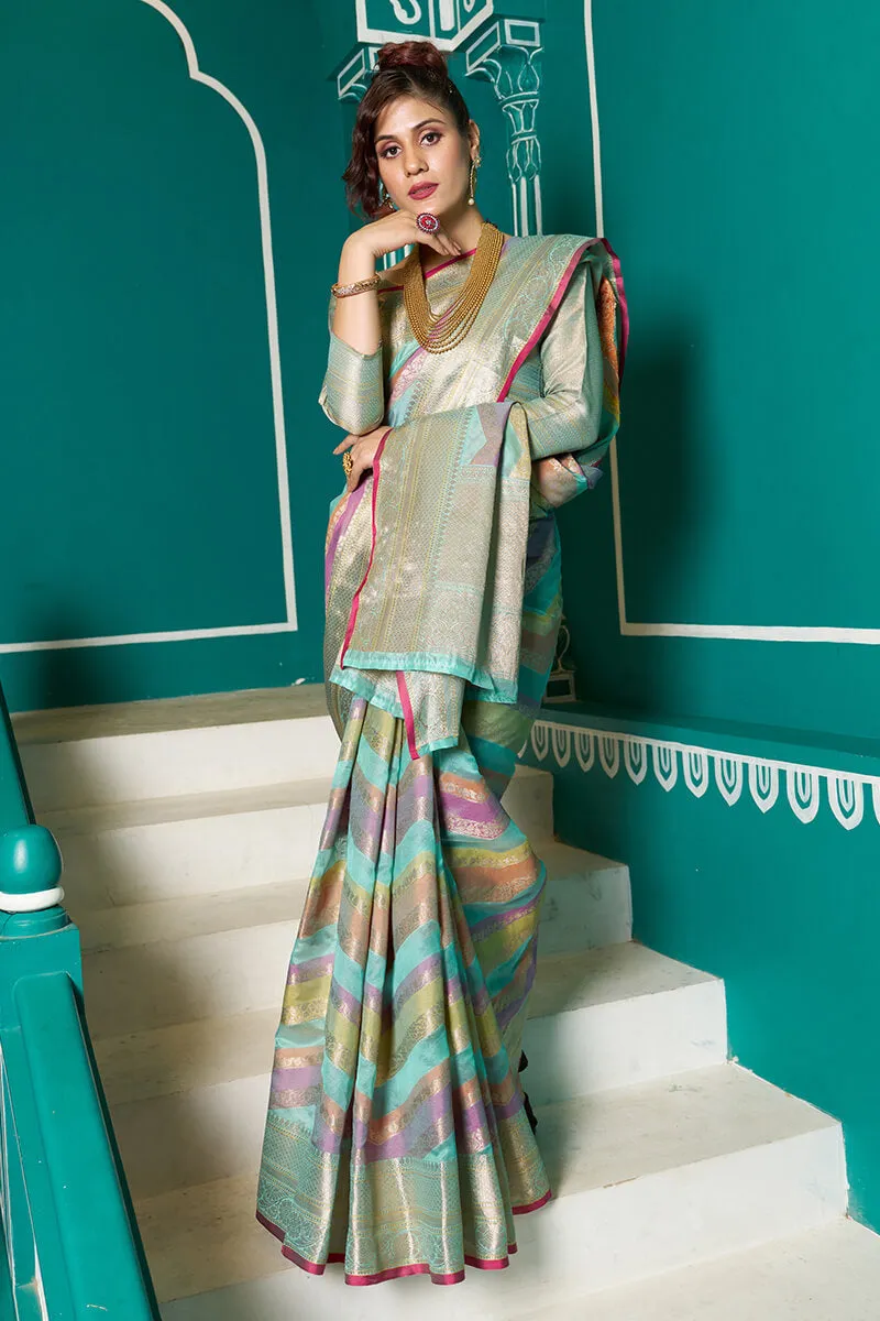 Tempting Sky Organza Silk Saree With Stunner Blouse Piece