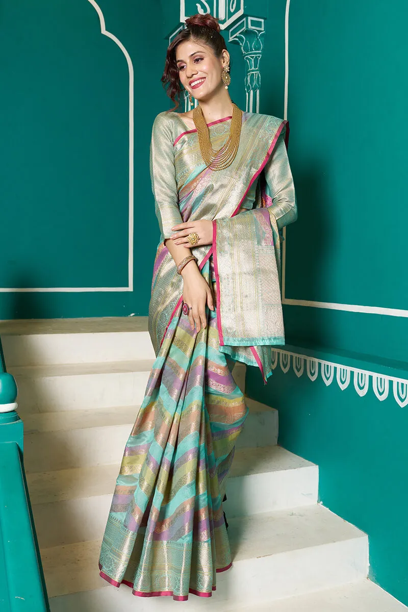 Tempting Sky Organza Silk Saree With Stunner Blouse Piece