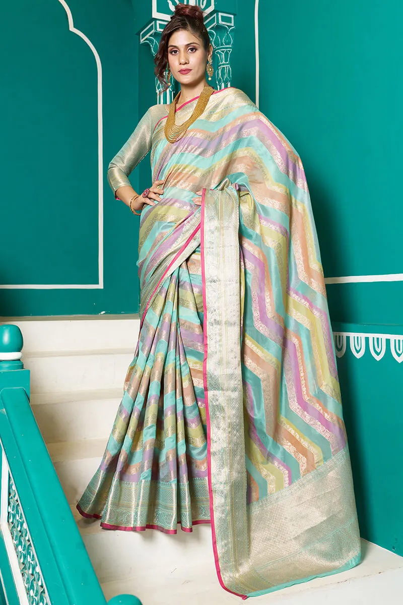 Tempting Sky Organza Silk Saree With Stunner Blouse Piece