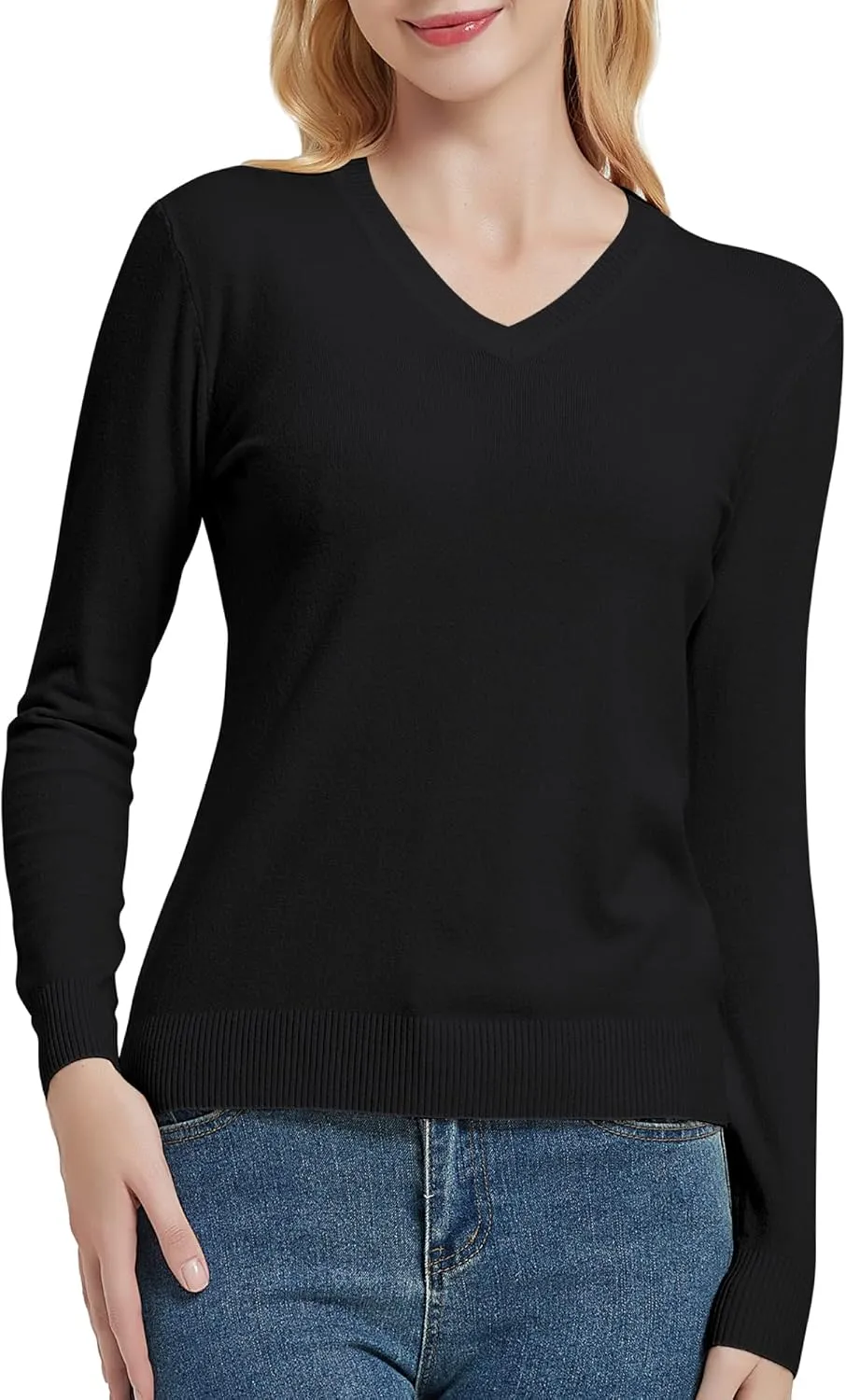 Urban CoCo Women's V Neck Long Sleeve Solid Classic Knit Pullover Sweater Tops