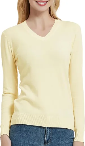 Urban CoCo Women's V Neck Long Sleeve Solid Classic Knit Pullover Sweater Tops