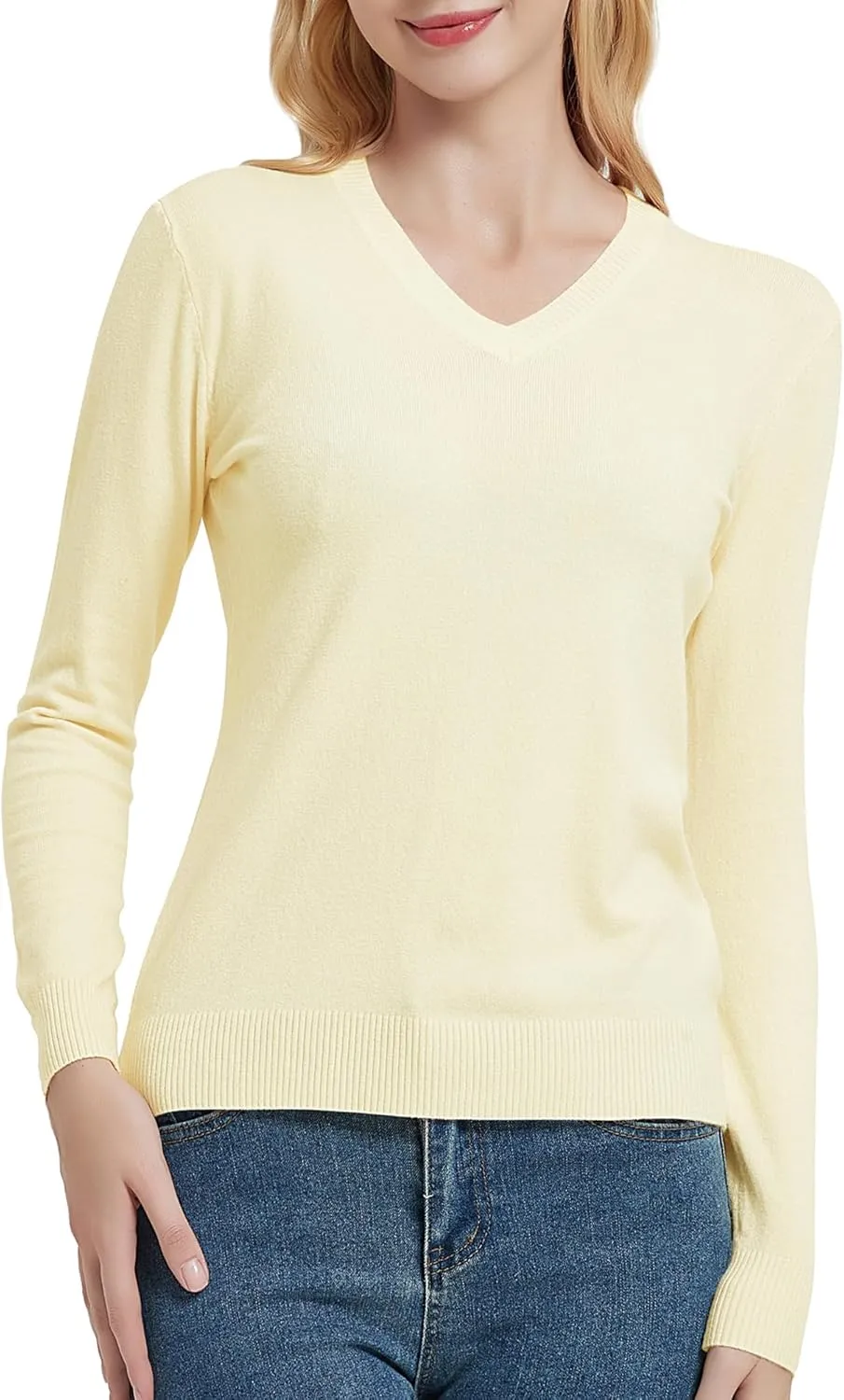 Urban CoCo Women's V Neck Long Sleeve Solid Classic Knit Pullover Sweater Tops