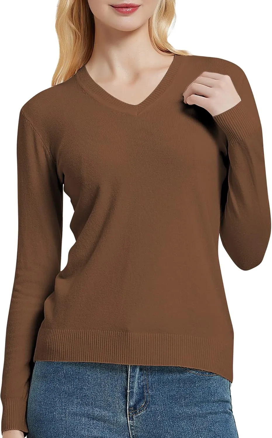 Urban CoCo Women's V Neck Long Sleeve Solid Classic Knit Pullover Sweater Tops
