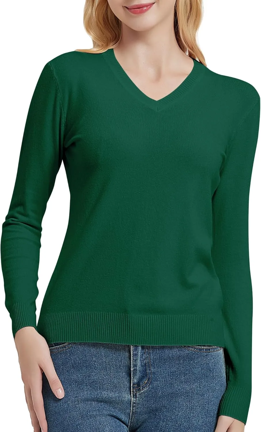 Urban CoCo Women's V Neck Long Sleeve Solid Classic Knit Pullover Sweater Tops