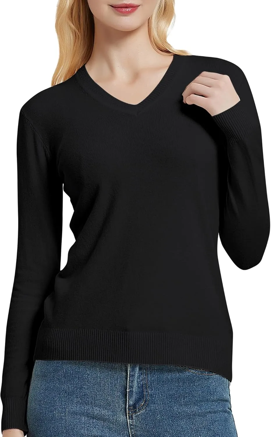 Urban CoCo Women's V Neck Long Sleeve Solid Classic Knit Pullover Sweater Tops