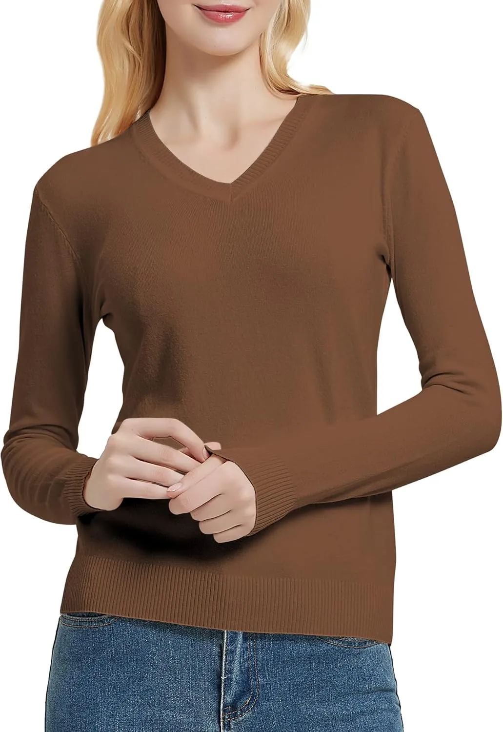 Urban CoCo Women's V Neck Long Sleeve Solid Classic Knit Pullover Sweater Tops