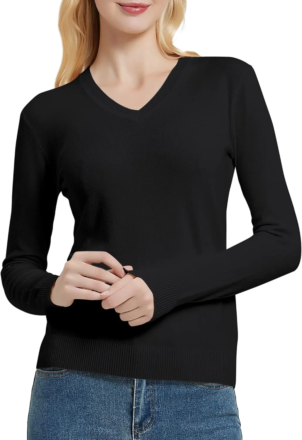 Urban CoCo Women's V Neck Long Sleeve Solid Classic Knit Pullover Sweater Tops