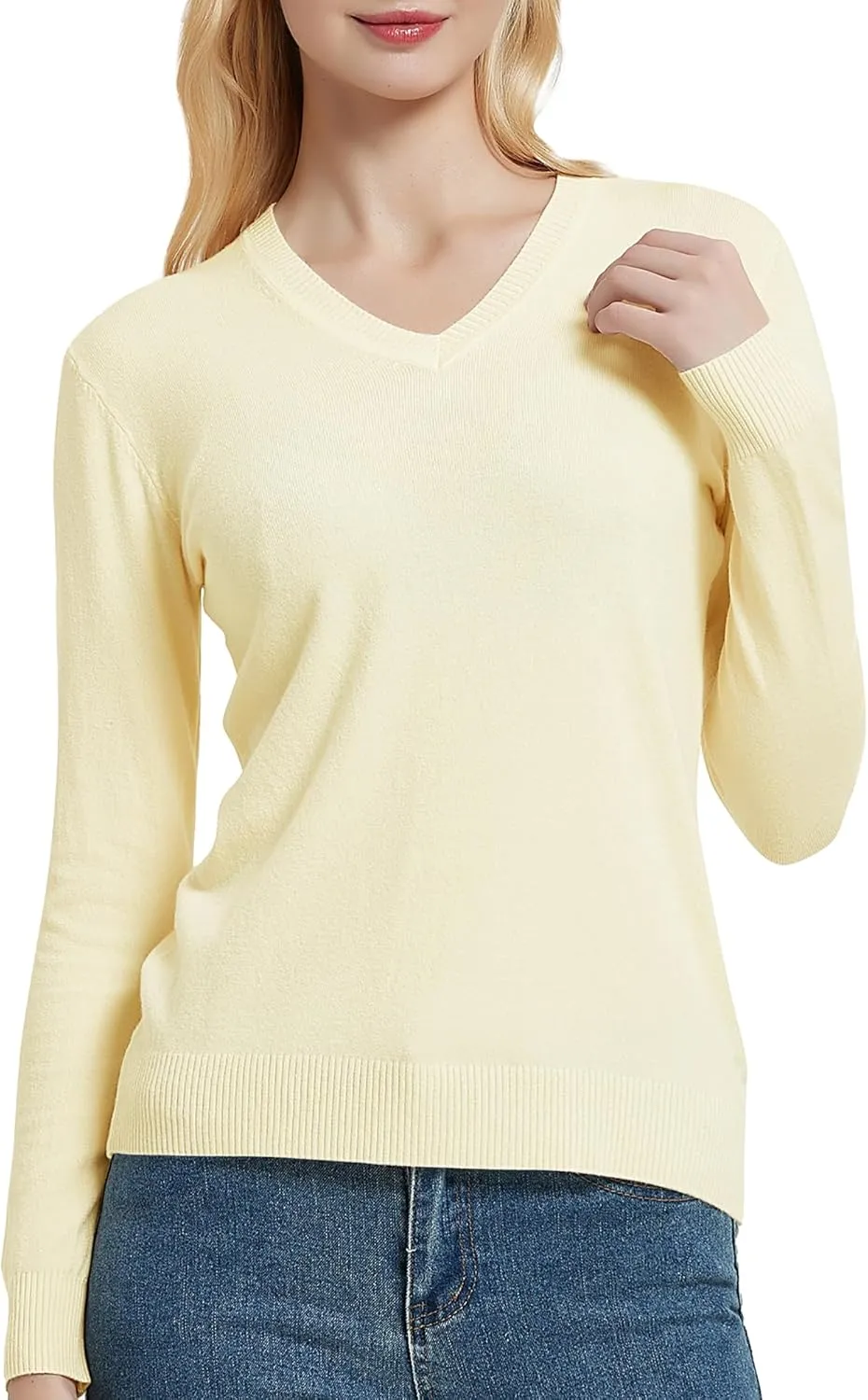 Urban CoCo Women's V Neck Long Sleeve Solid Classic Knit Pullover Sweater Tops