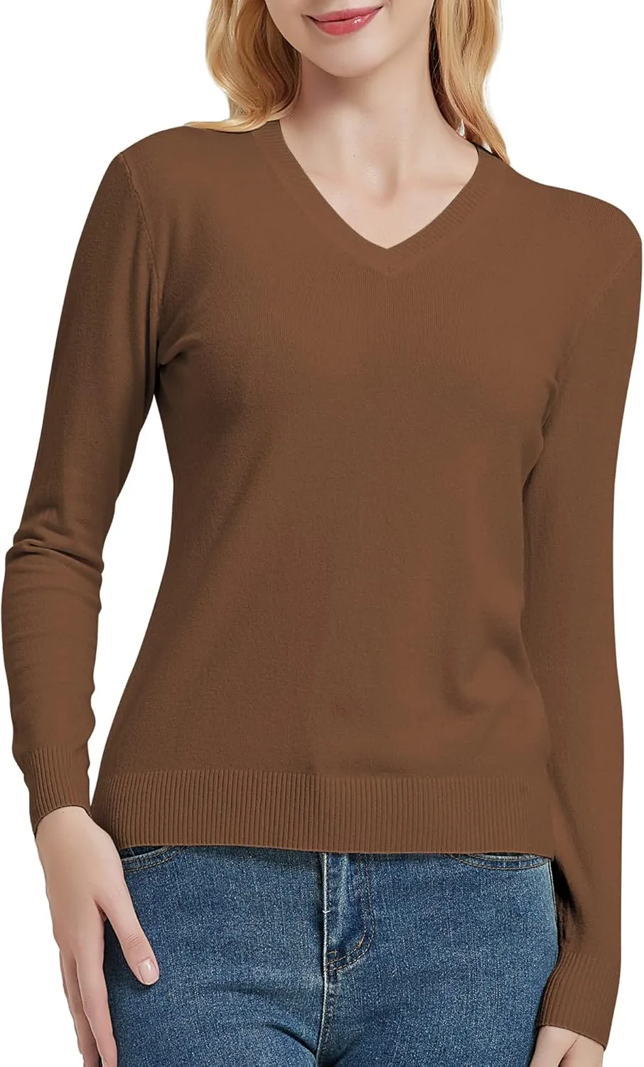 Urban CoCo Women's V Neck Long Sleeve Solid Classic Knit Pullover Sweater Tops