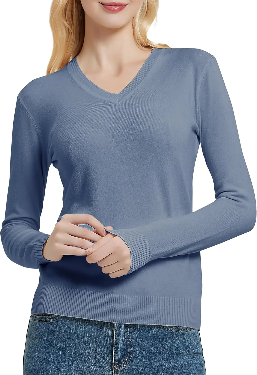 Urban CoCo Women's V Neck Long Sleeve Solid Classic Knit Pullover Sweater Tops