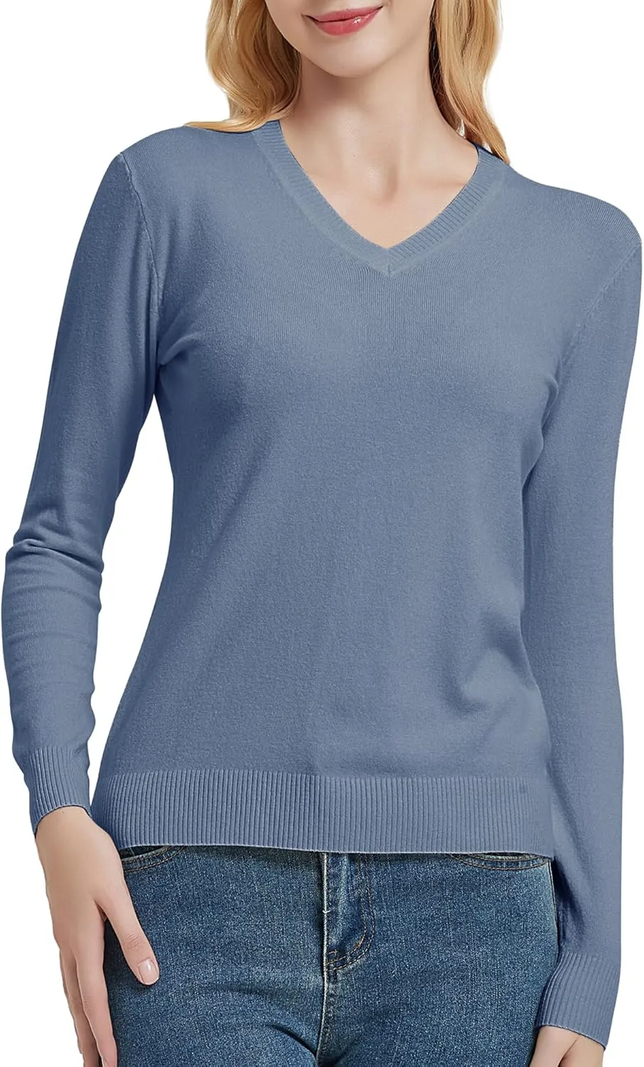 Urban CoCo Women's V Neck Long Sleeve Solid Classic Knit Pullover Sweater Tops