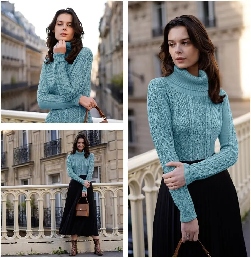 v28 Sweaters for Women Turtleneck Tunic Cable Knit Fall Winter Warm Pullover Fitted Sweater