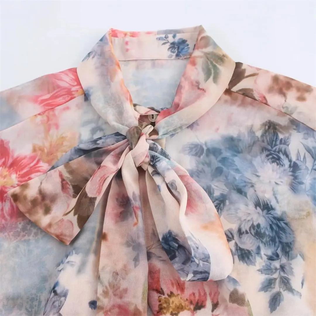 Women European American Style Blouse Bow Decoration Flower Print Shirts Loose Lace Up Top