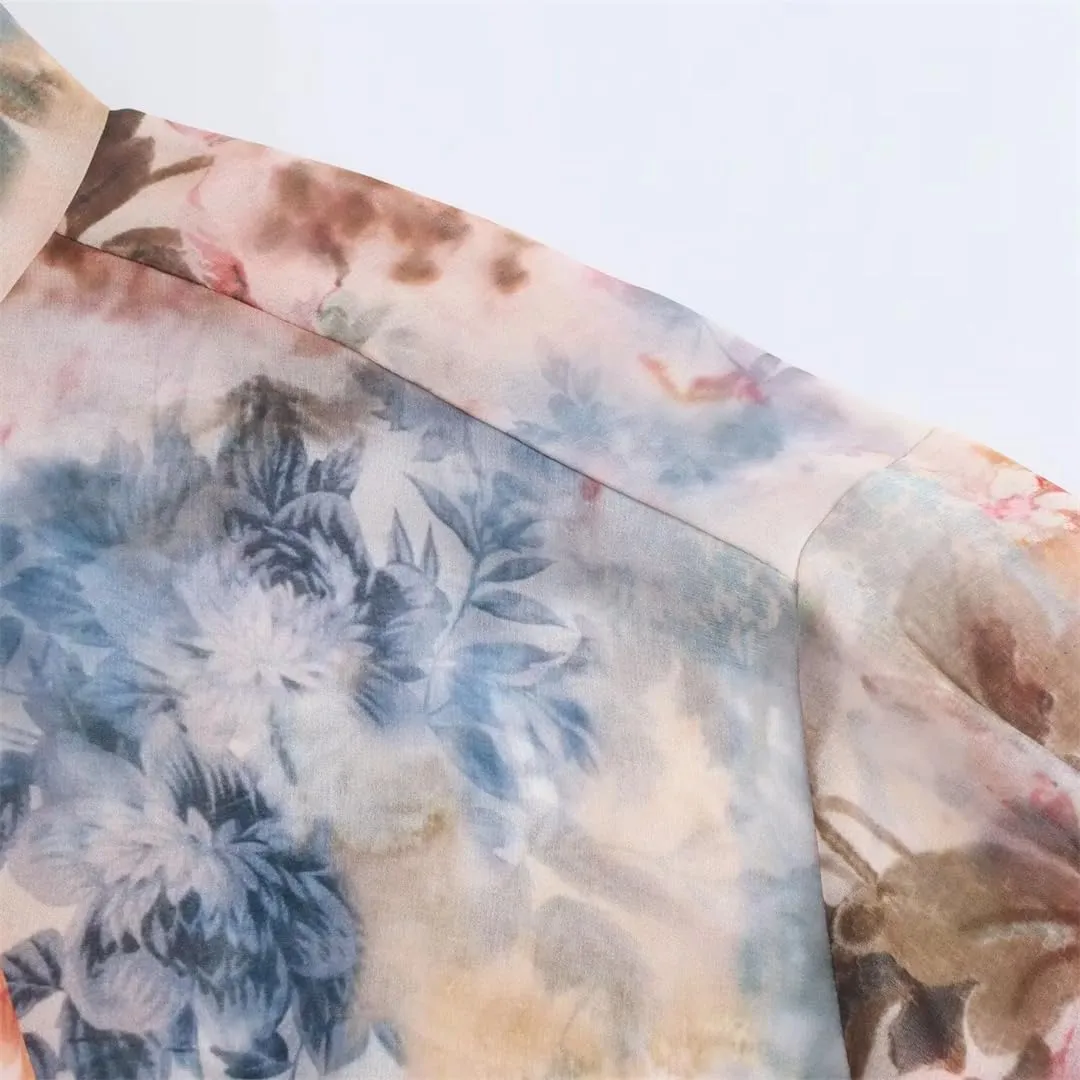 Women European American Style Blouse Bow Decoration Flower Print Shirts Loose Lace Up Top