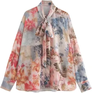 Women European American Style Blouse Bow Decoration Flower Print Shirts Loose Lace Up Top