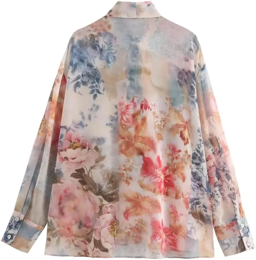 Women European American Style Blouse Bow Decoration Flower Print Shirts Loose Lace Up Top
